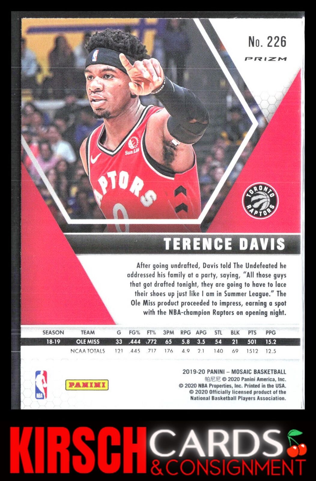 Terence Davis 2019 2019-20 Panini Mosaic #226 Green Prizm Toronto Raptors