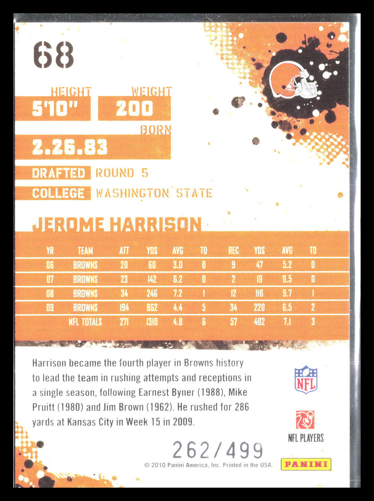 Jerome Harrison 2010 Score #68    Cleveland Browns