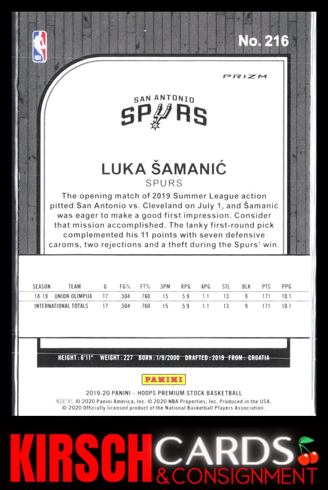 Luka Samanic 2019 2019-20 Hoops Premium Stock #216 Prizms Pulsar