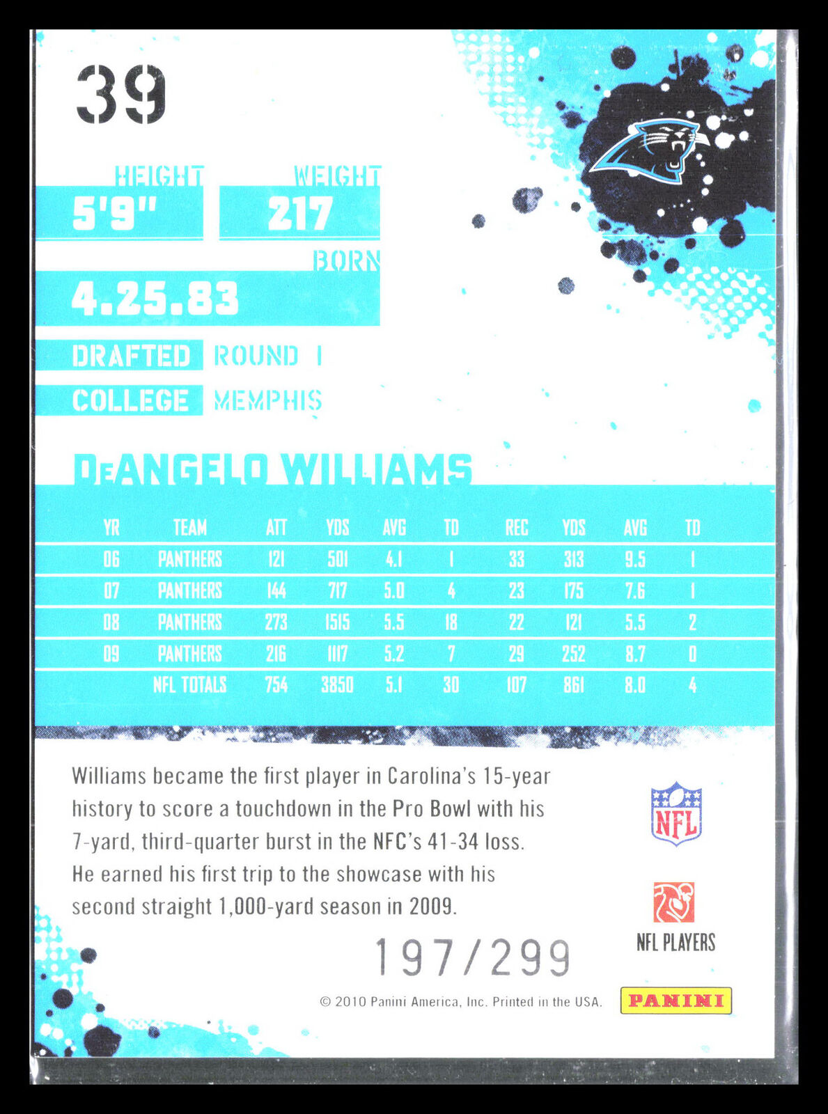 DeAngelo Williams 2010 Score #39    Carolina Panthers