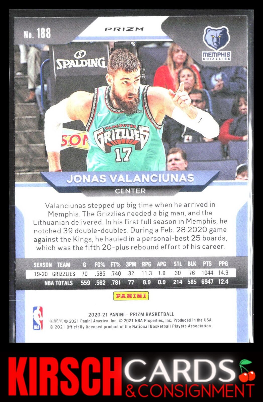 Jonas Valanciunas 2020 2020-21 Panini Prizm #188 Silver Prizms Memphis Grizzlies