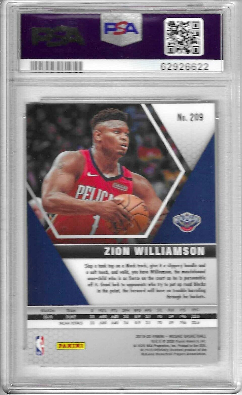 2019 Panini Mosaic Zion Williamson Red Jersey RC Variation PSA 10 Pelicans #209