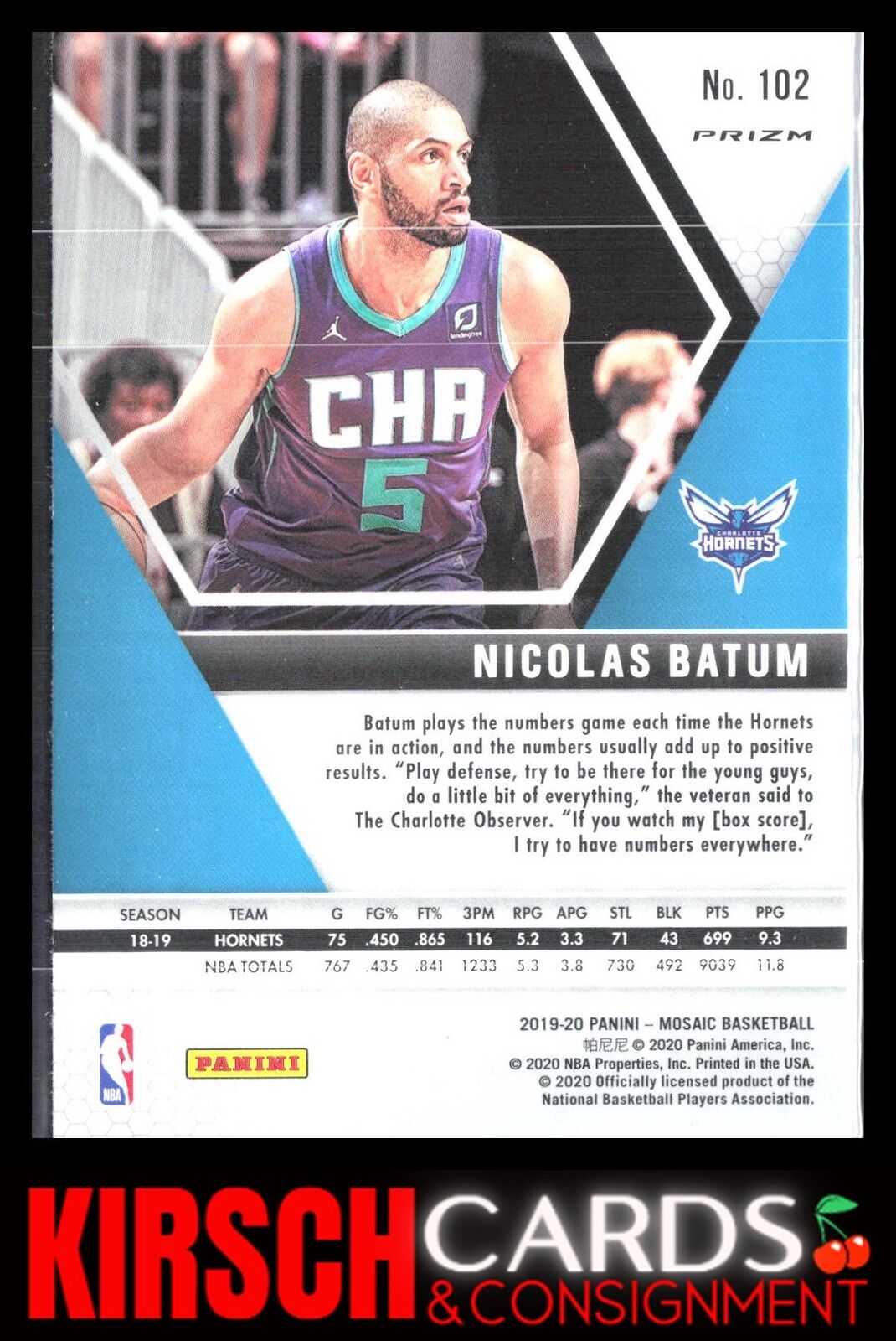 Nicolas Batum 2019 2019-20 Panini Mosaic #102 Prizm Charlotte Hornets