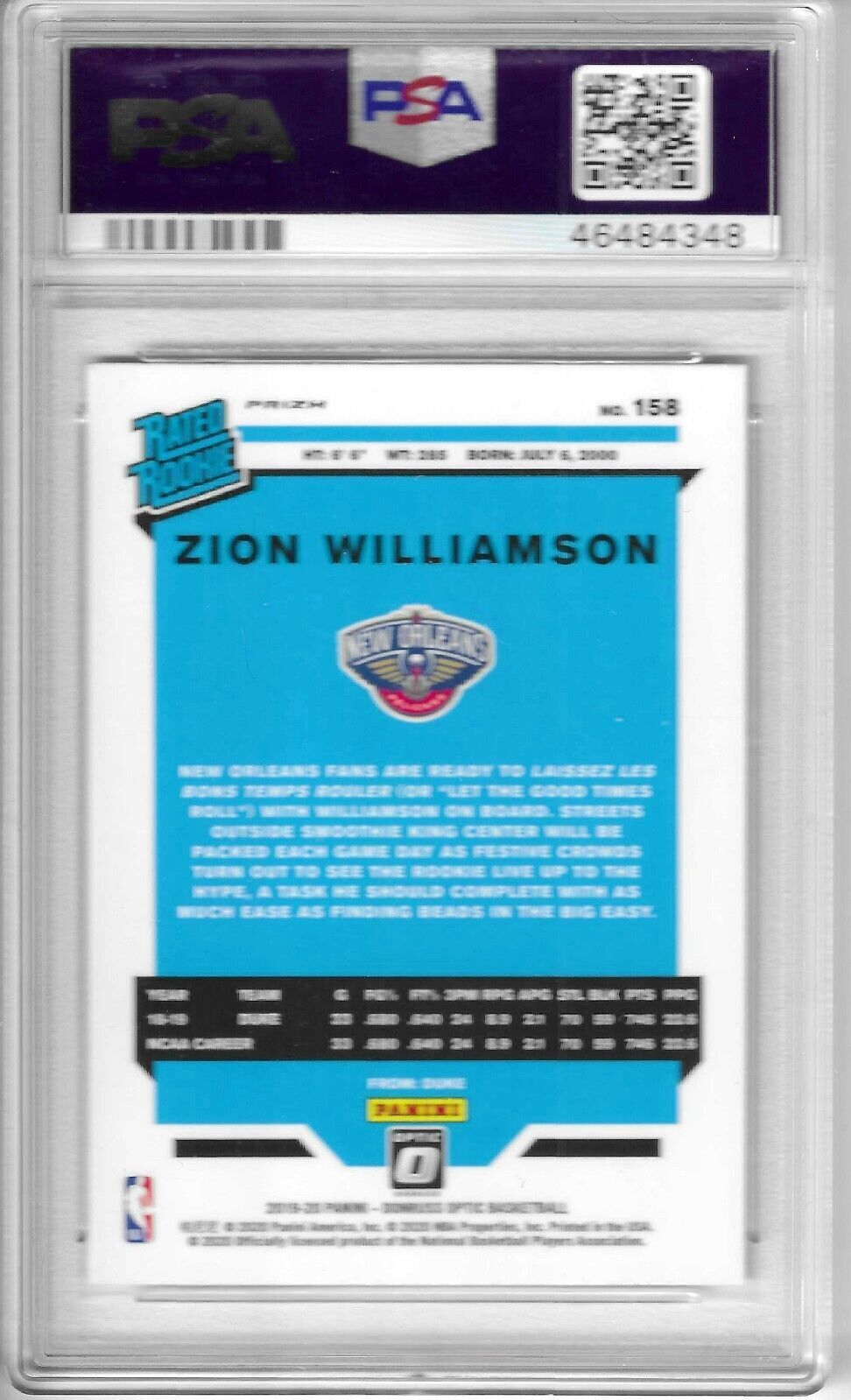 2019 Panini Donruss Optic Zion Williamson #158 Fanatics Rookie PSA 10 GEM MINT