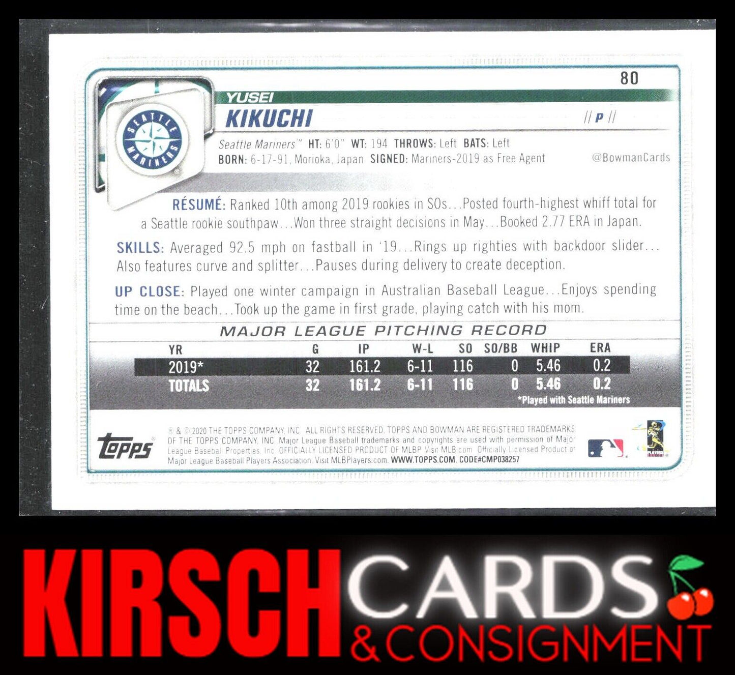 Yusei Kikuchi 2020 Bowman #80 Seattle Mariners