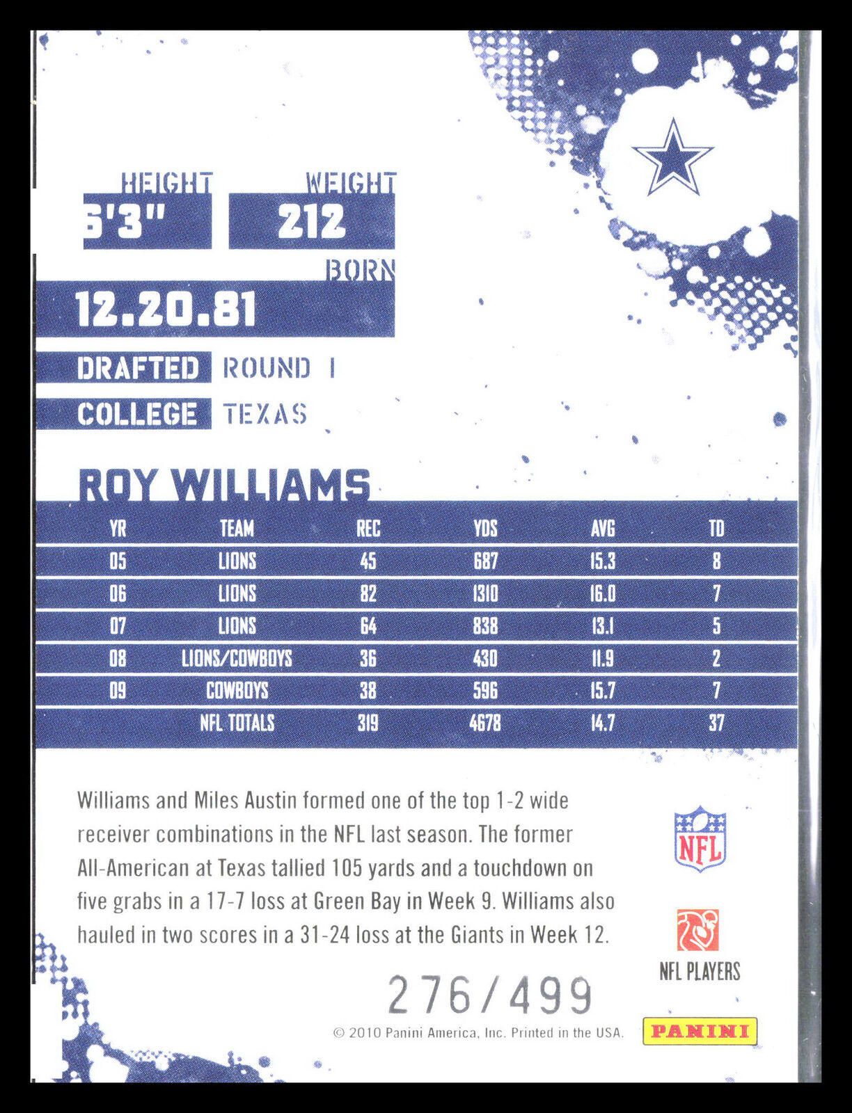 Roy Williams 2010 Score #82    Dallas Cowboys