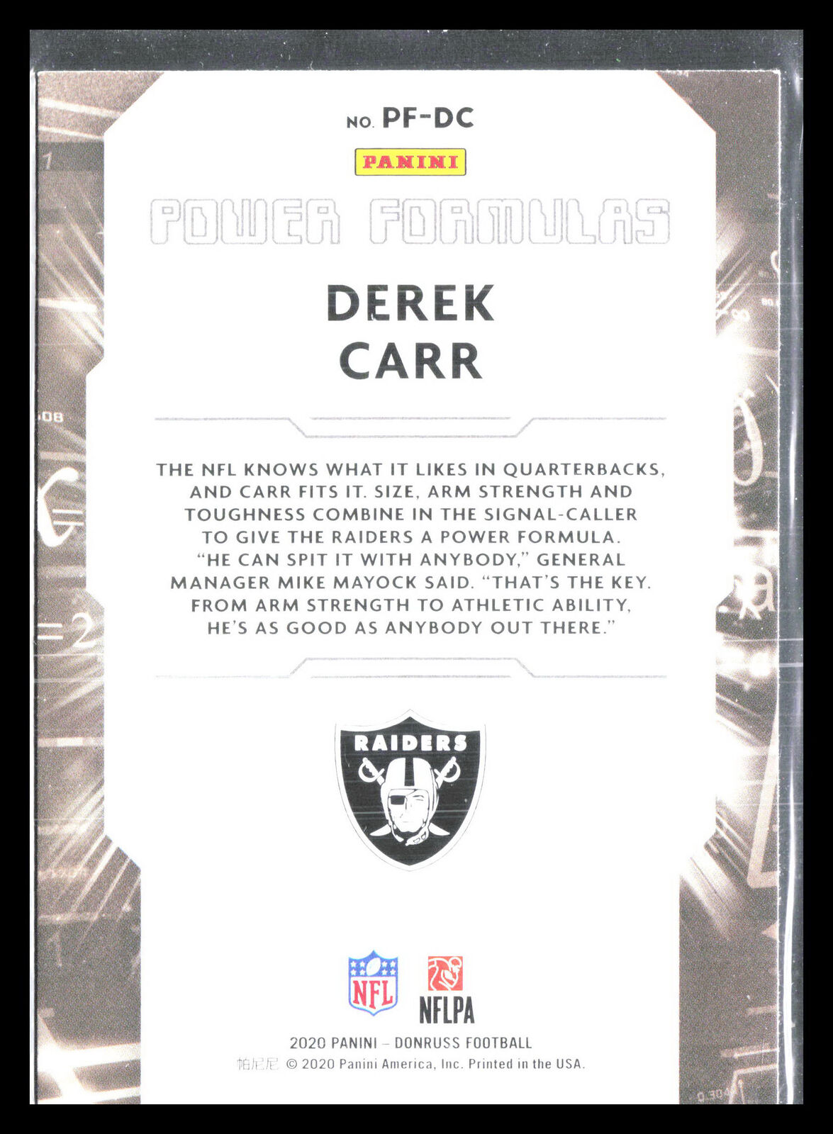 Derek Carr 2020 Donruss #PF-DC    Power Formulas Las Vegas Raiders