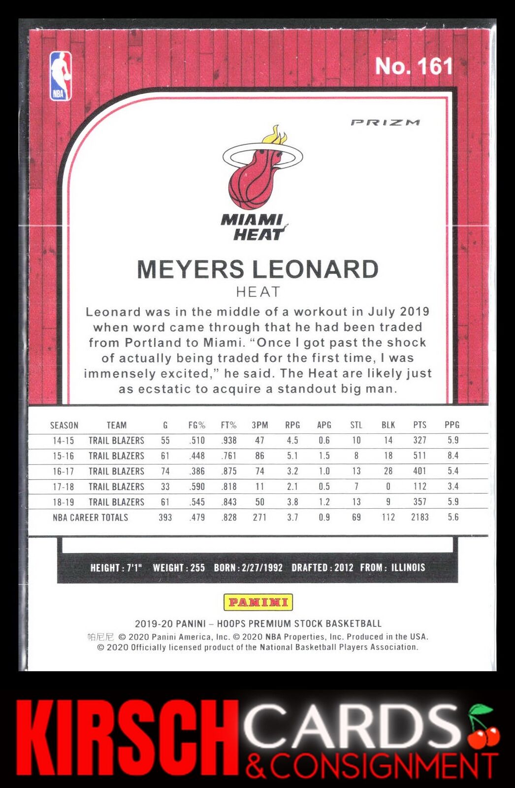 Meyers Leonard 2019 2019-20 Hoops Premium Stock #161 Prizms Silver Laser