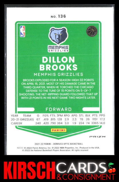 Dillon Brooks 2021 2021-22 Donruss Optic #136 Blue Velocity Memphis Grizzlies