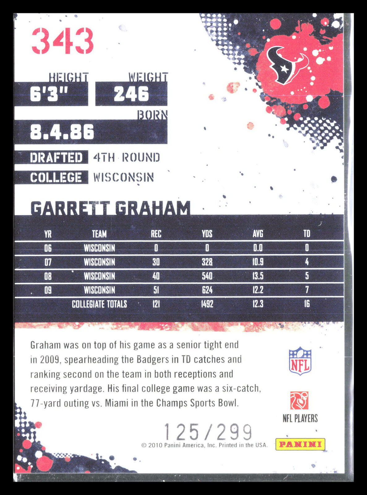 Garrett Graham 2010 Score #343    Houston Texans