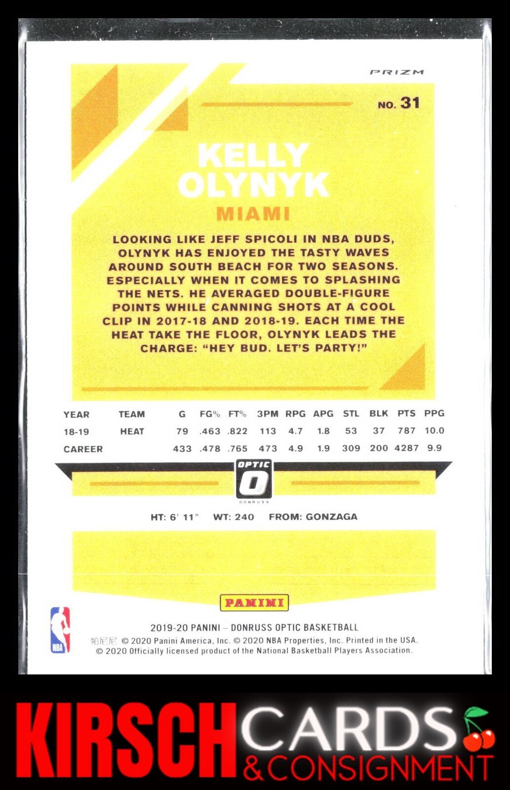 Kelly Olynyk 2019 2019-20 Donruss Optic #31 Blue Velocity Miami Heat