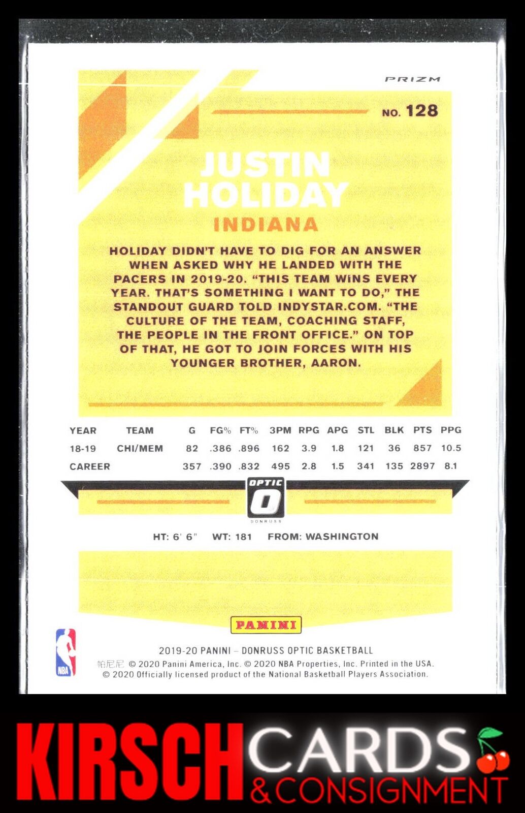 Justin Holiday 2019 2019-20 Donruss Optic #128 Blue Velocity Indiana Pacers