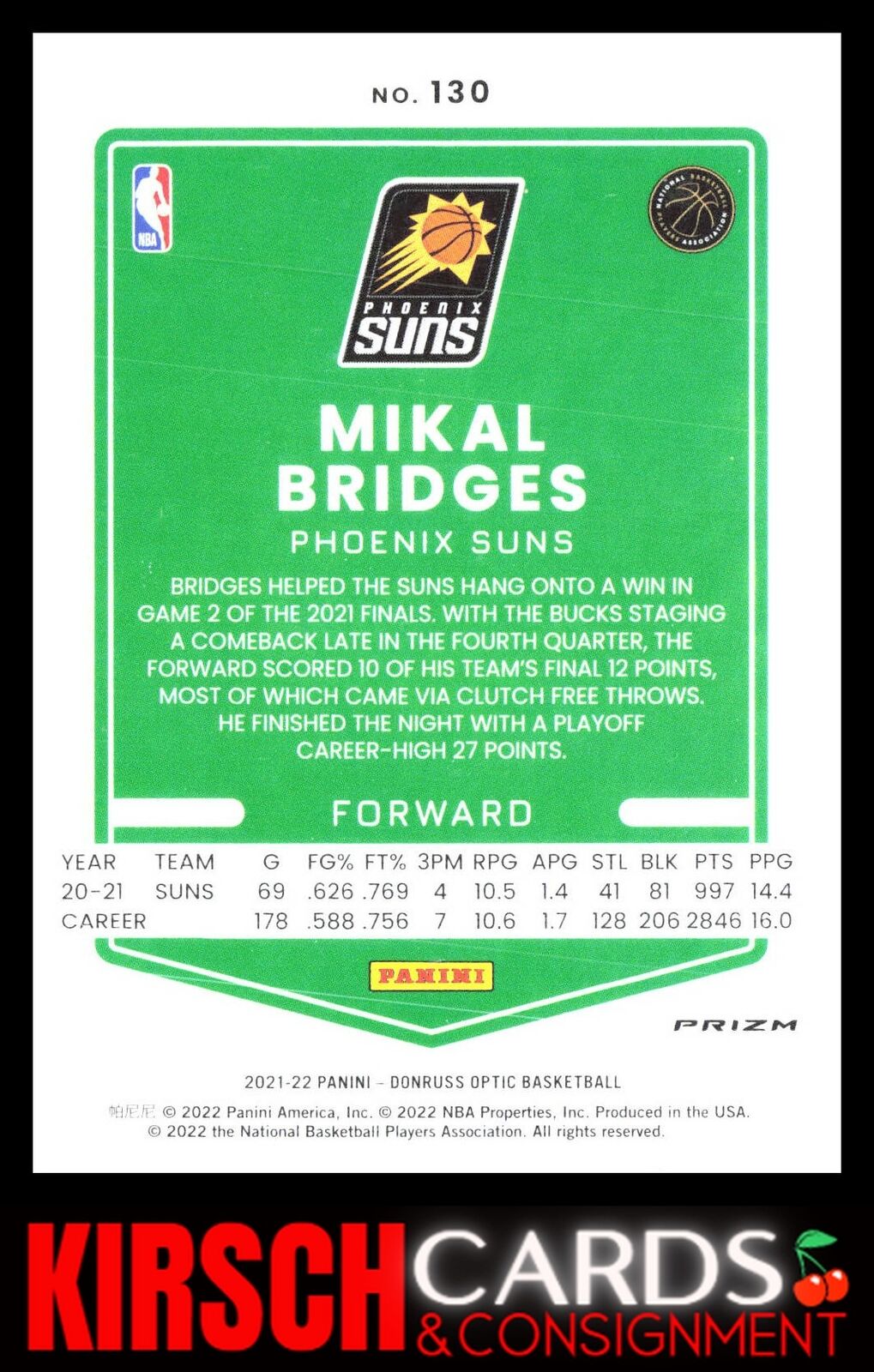 Mikal Bridges 2021 2021-22 Donruss Optic #130 Blue Velocity Phoenix Suns