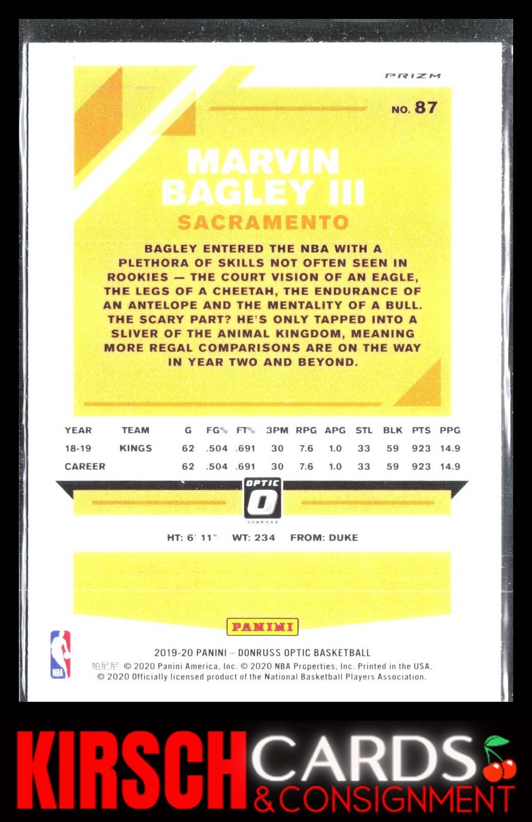 Marvin Bagley III 2019 2019-20 Donruss Optic #87 Blue Velocity Sacramento Kings