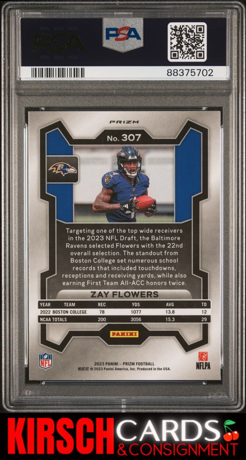 Zay Flowers 2023 Panini Prizm #307 Orange Lazer RC PSA 9