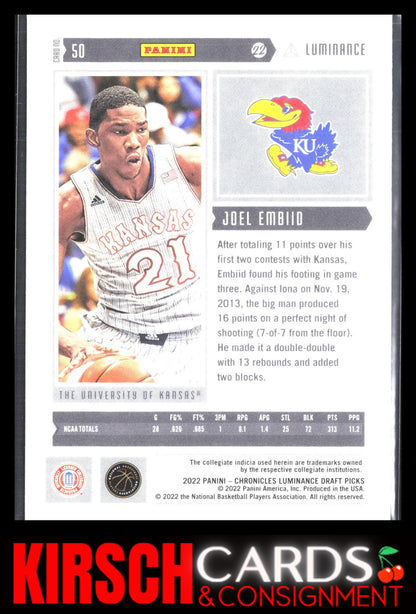 Joel Embiid 2022 Panini Chronicles Draft Picks #50 Luminance Kansas Jayhawks