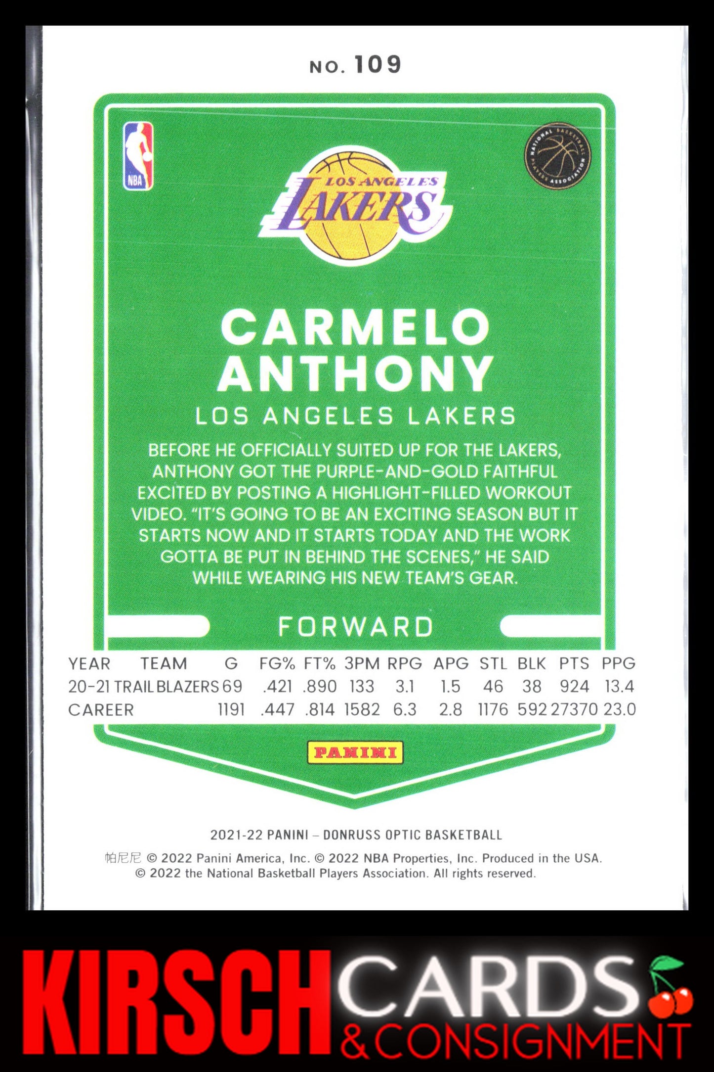 Carmelo Anthony 2021-22 Donruss Optic #109 Los Angeles Lakers