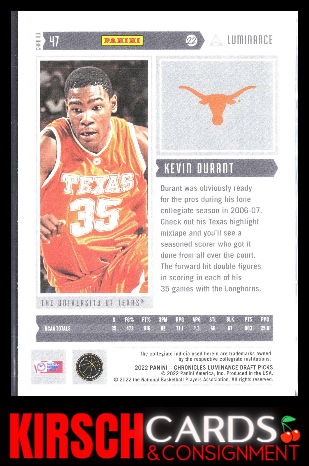 Kevin Durant 2022 Panini Chronicles Draft Picks #47 Luminance Texas Longhorns