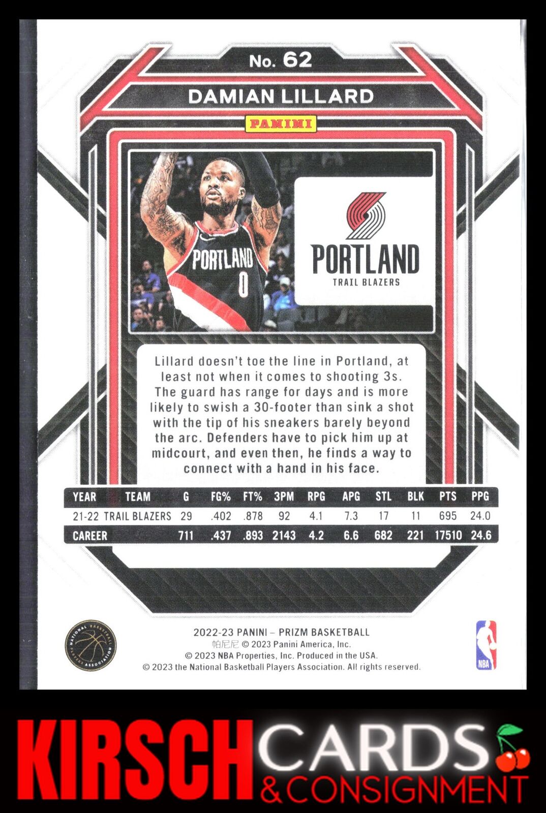 Damian Lillard 2022-23 Panini Prizm #62 Portland Trail Blazers