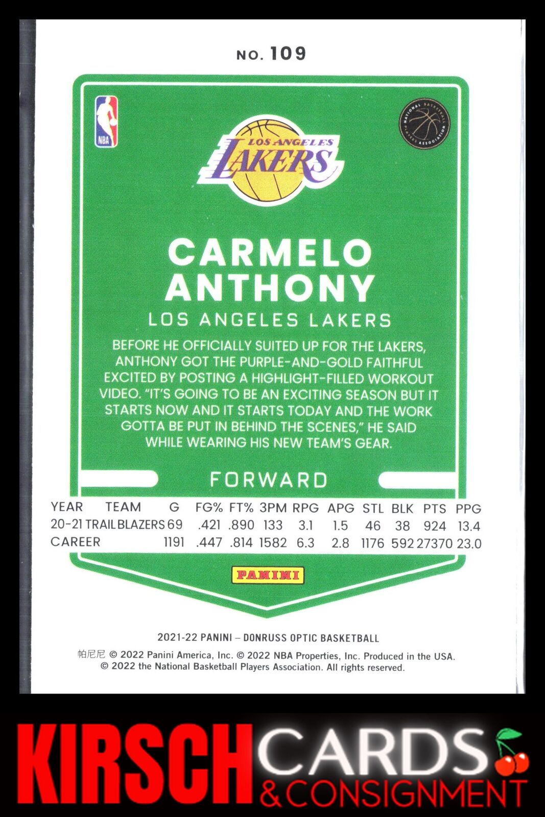 Carmelo Anthony 2021-22 Donruss Optic #109 Los Angeles Lakers