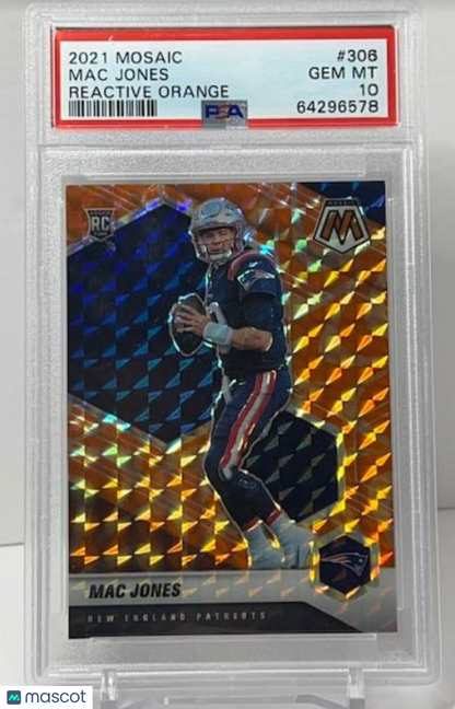 2021 Mosaic Mac Jones Reactive Orange Prizm Rookie RC #306 PSA 10 Patriots