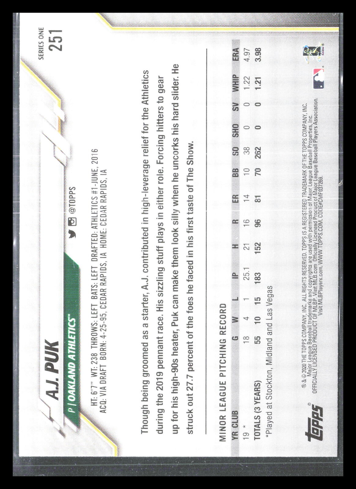 A.J. Puk 2020 Topps #251  Rookie   Oakland Athletics