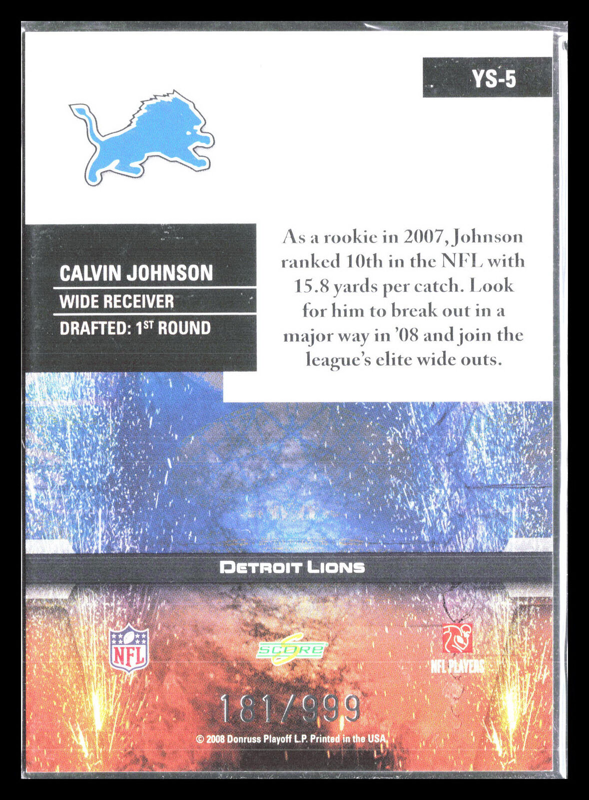 2008 Score #YS-5 Calvin Johnson Young Stars Gold Zone Near mint or better