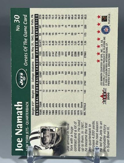 2000 FLEER GREATS OF THE GAME # 30 JOE NAMATH NEW YORK JETS