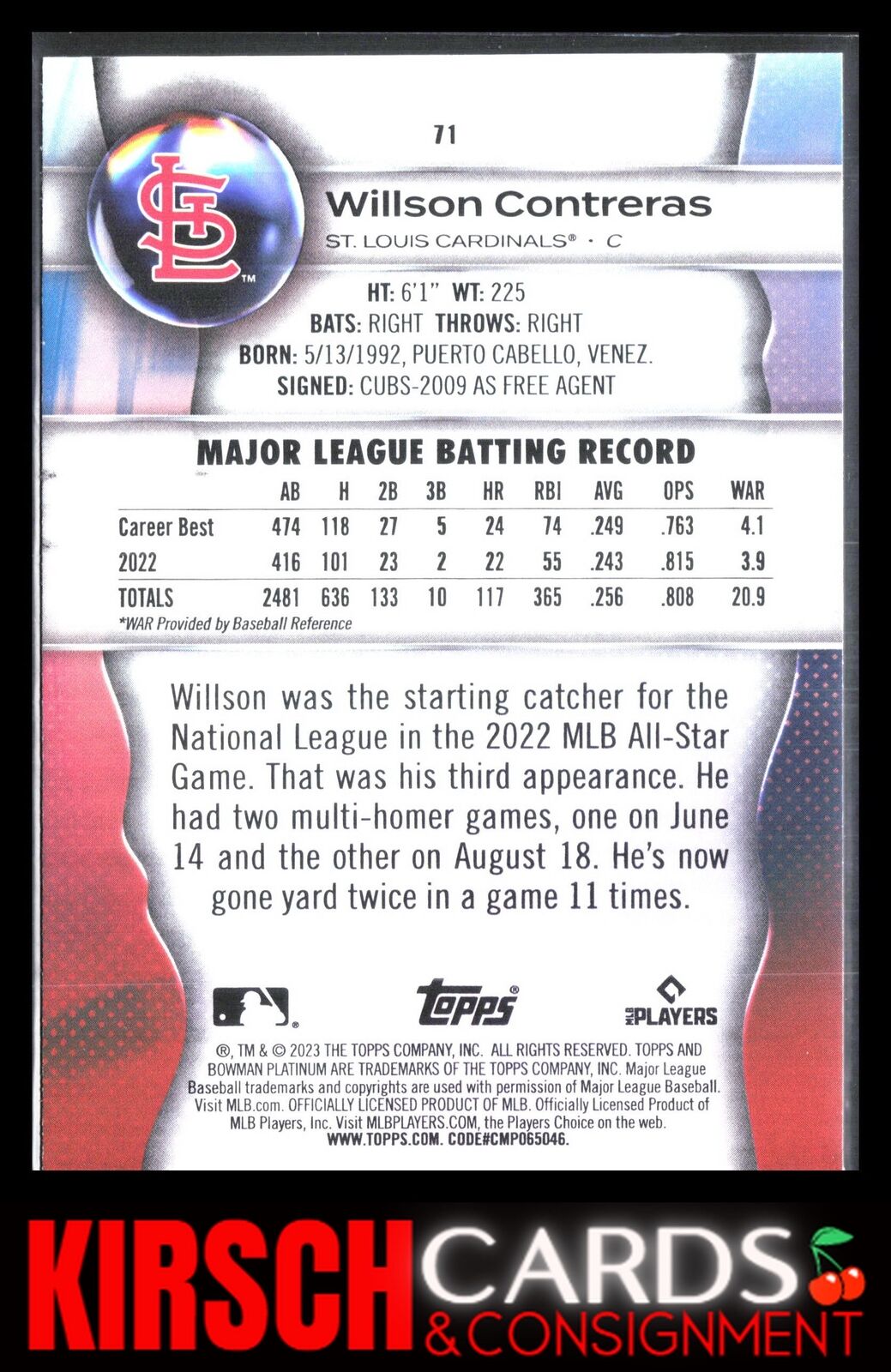 Willson Contreras 2023 Bowman Platinum #71 St. Louis Cardinals