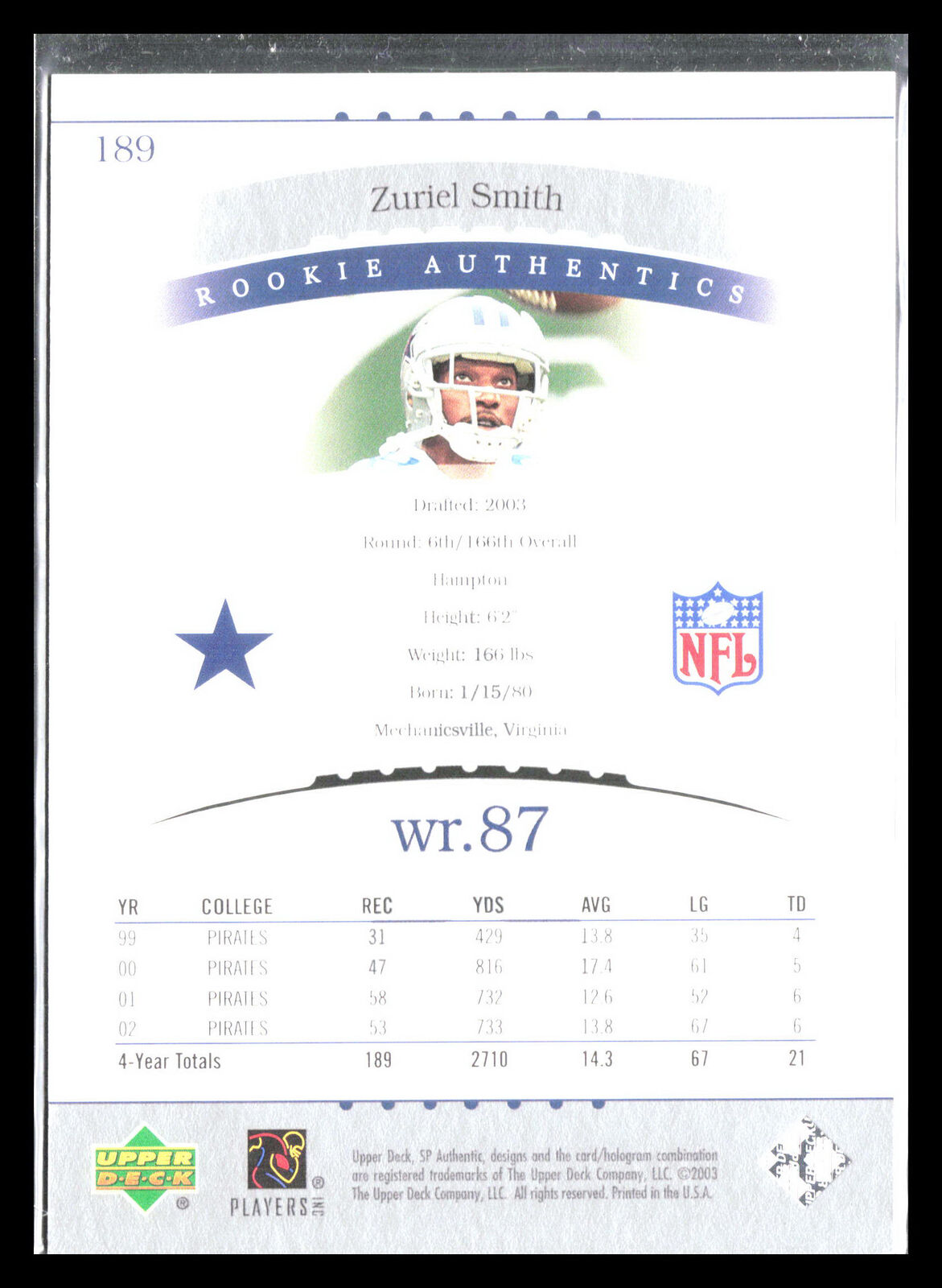 Zuriel Smith 2003 SP Authentic #189  Rookie  Dallas Cowboys