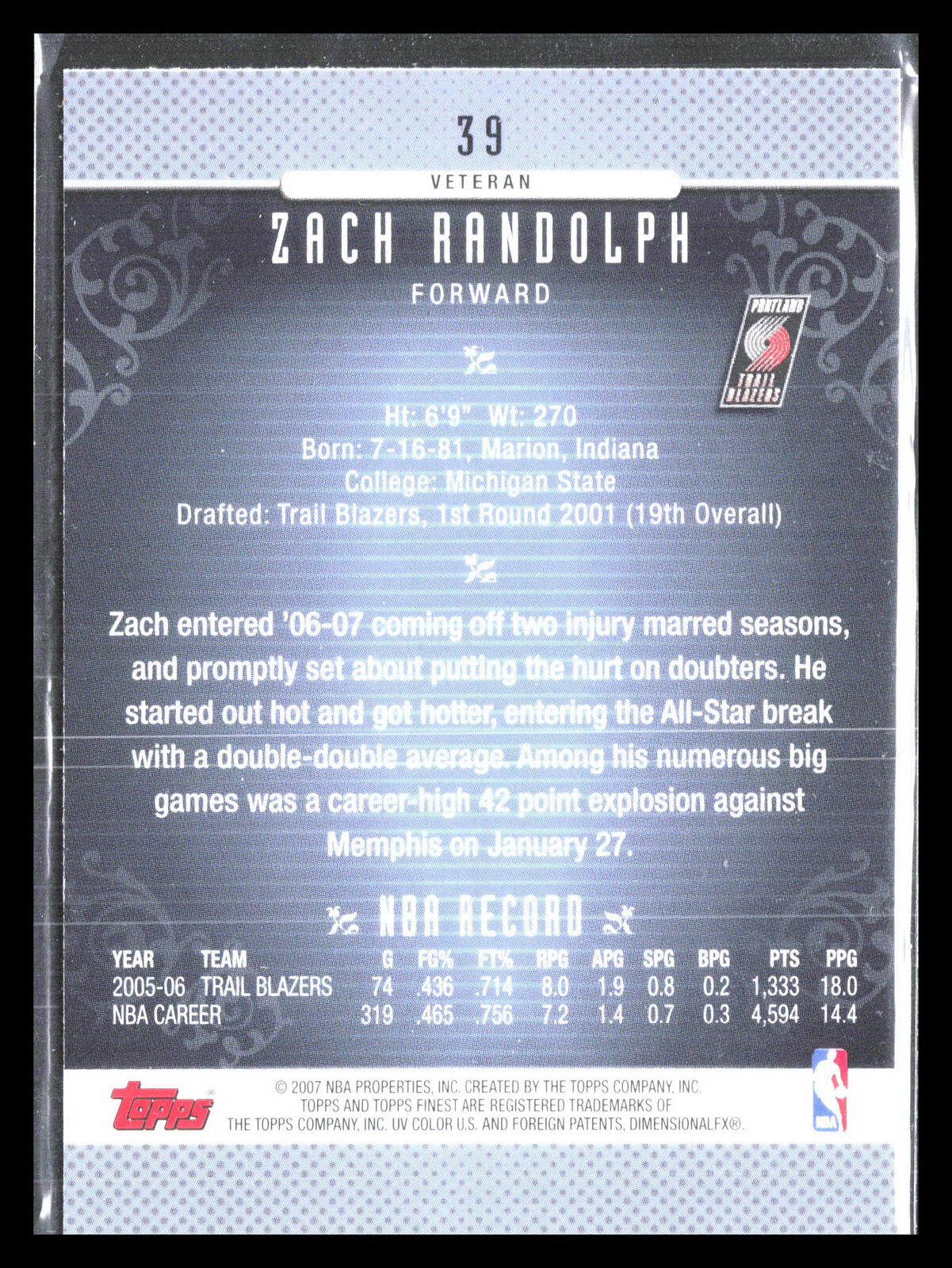 Zach Randolph 2006 Finest #39     Portland Trail Blazers