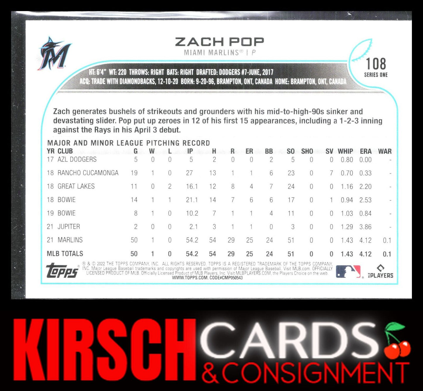 Zach Pop 2022 Topps #108 Miami Marlins