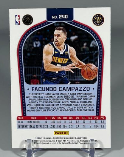 2020-21 Panini Marquee Gold Refractor Facundo Campazzo RC #240 Basketball Card